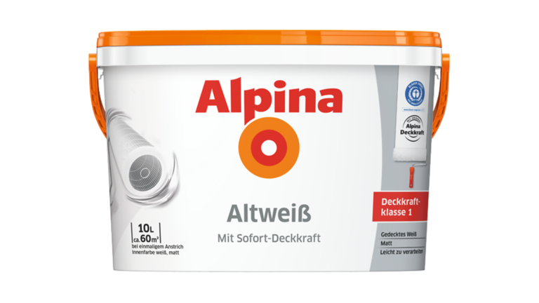 Alpina Altweiß Innenfarbe, Farbeimer, weiß mit orangefarbenem Deckel, 10L